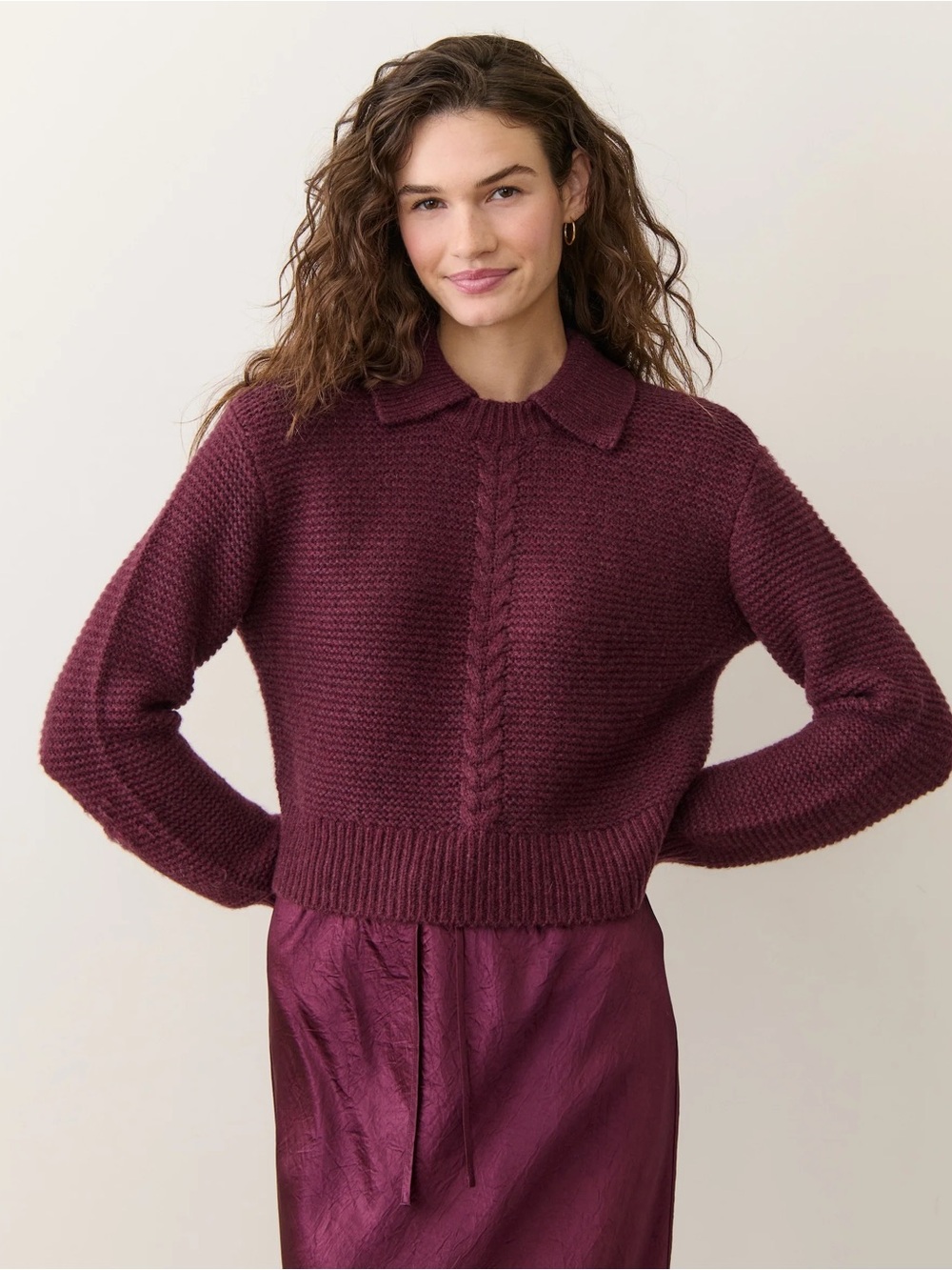 Marine Layer Women’s Collared Cable-Front Knit Sweater - Plum